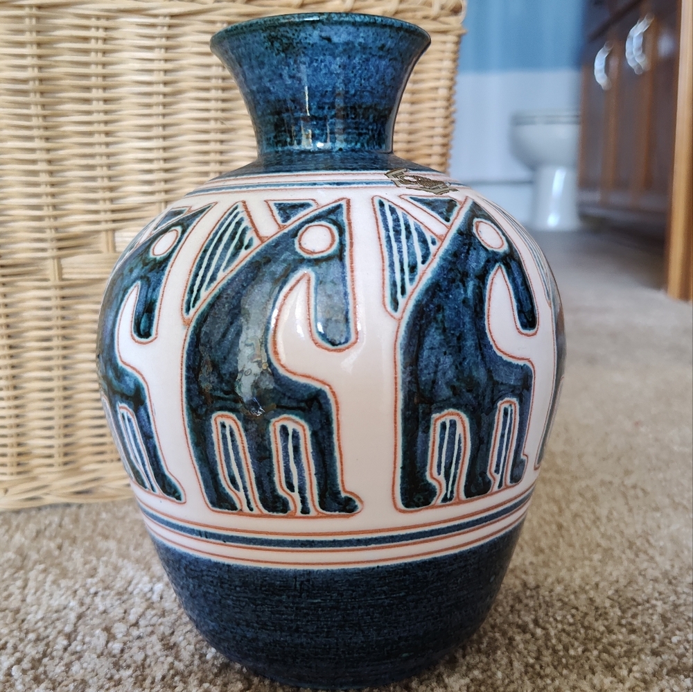 Blue and White Ceramic Vase with Animal Design